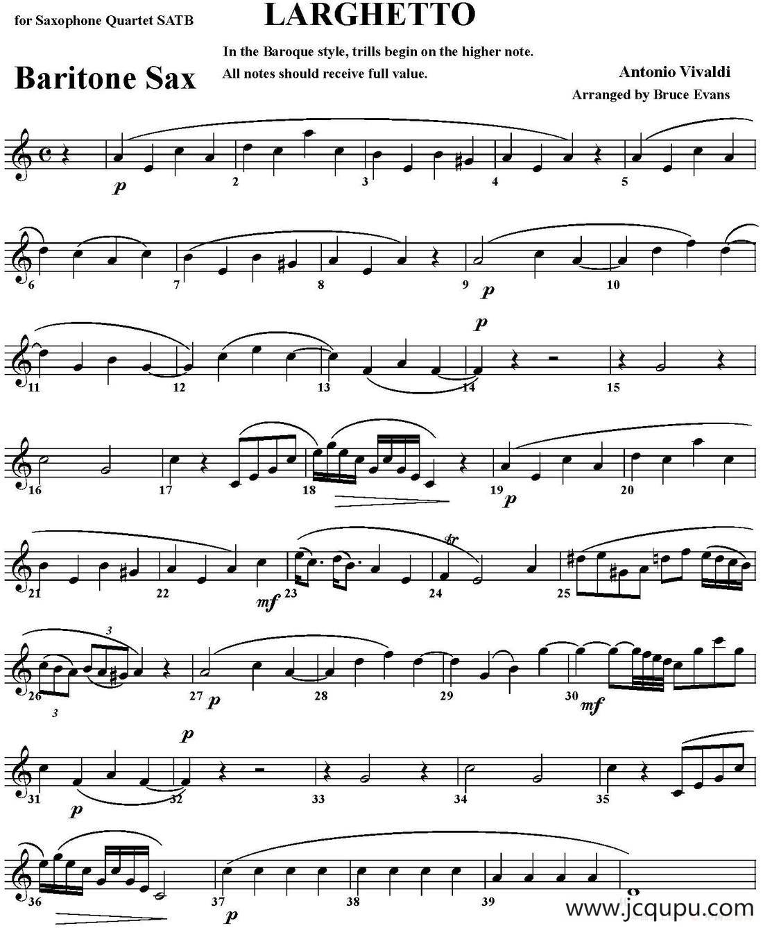 LARGHETTO（四重奏·上低音萨克斯分谱）简谱