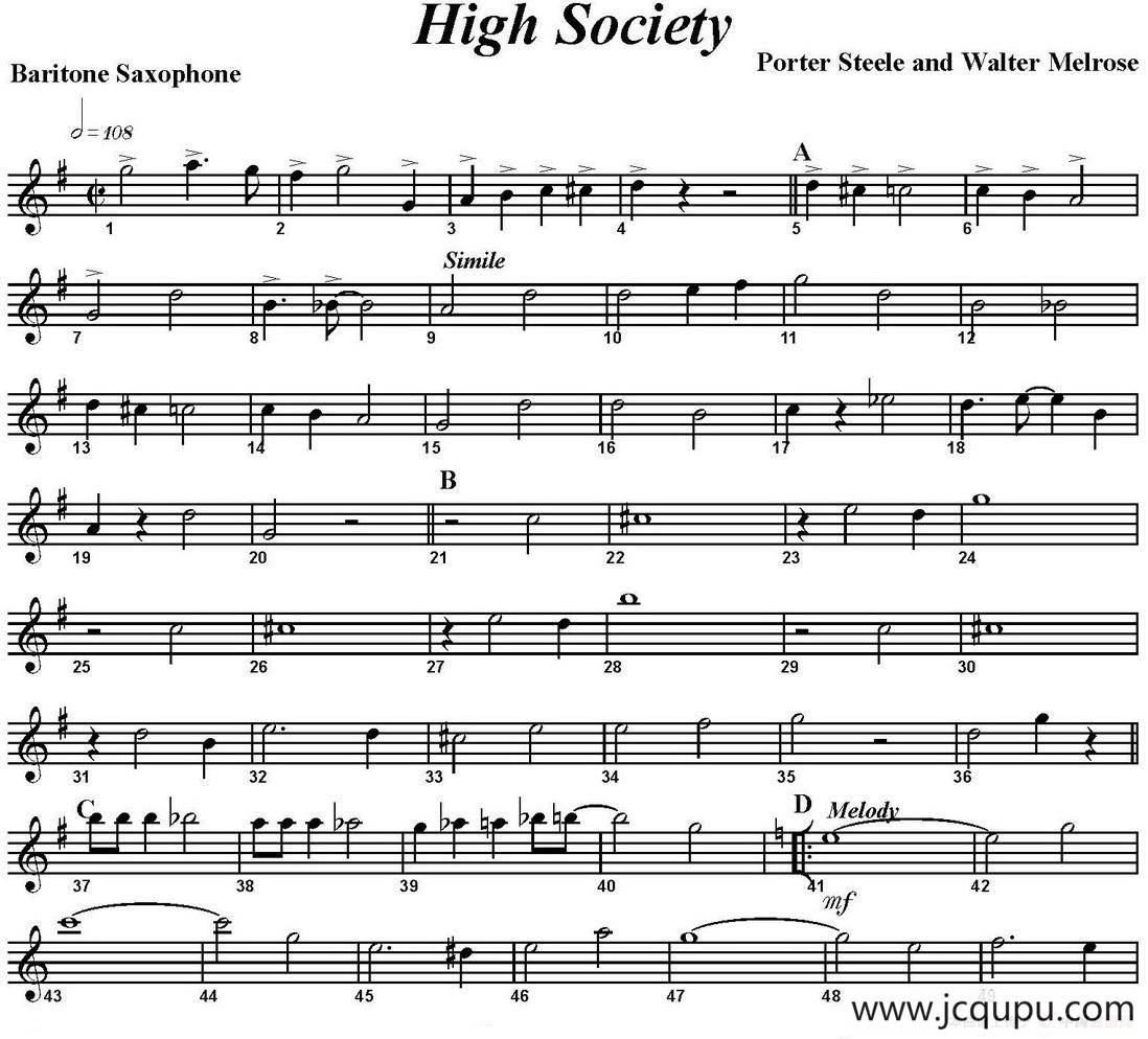 High Society（四重奏·上低音萨克斯分谱）简谱