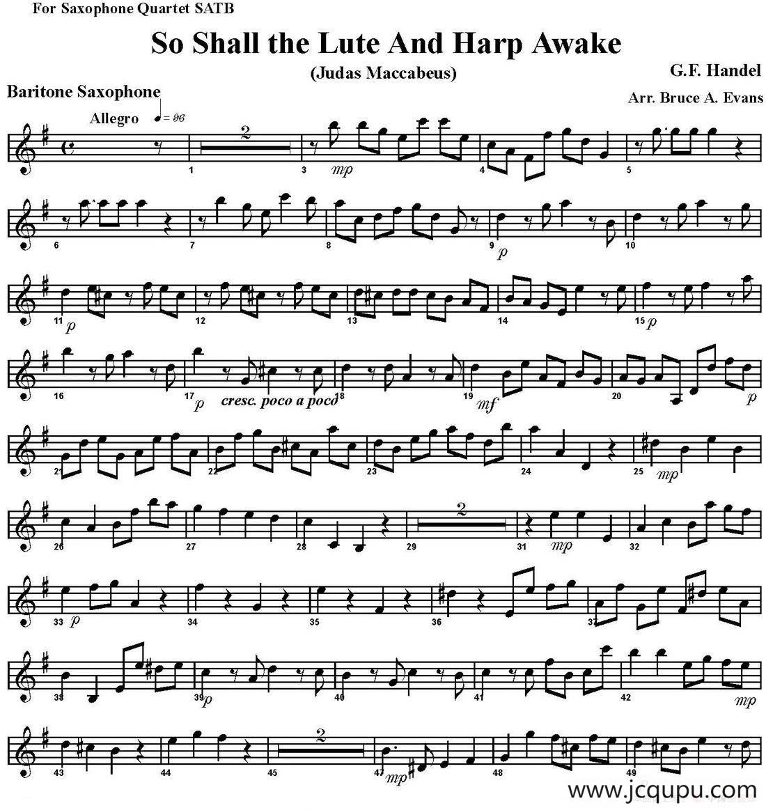So Shall the Lute And Harp Awake（四重奏·上低音萨克斯分谱）简谱