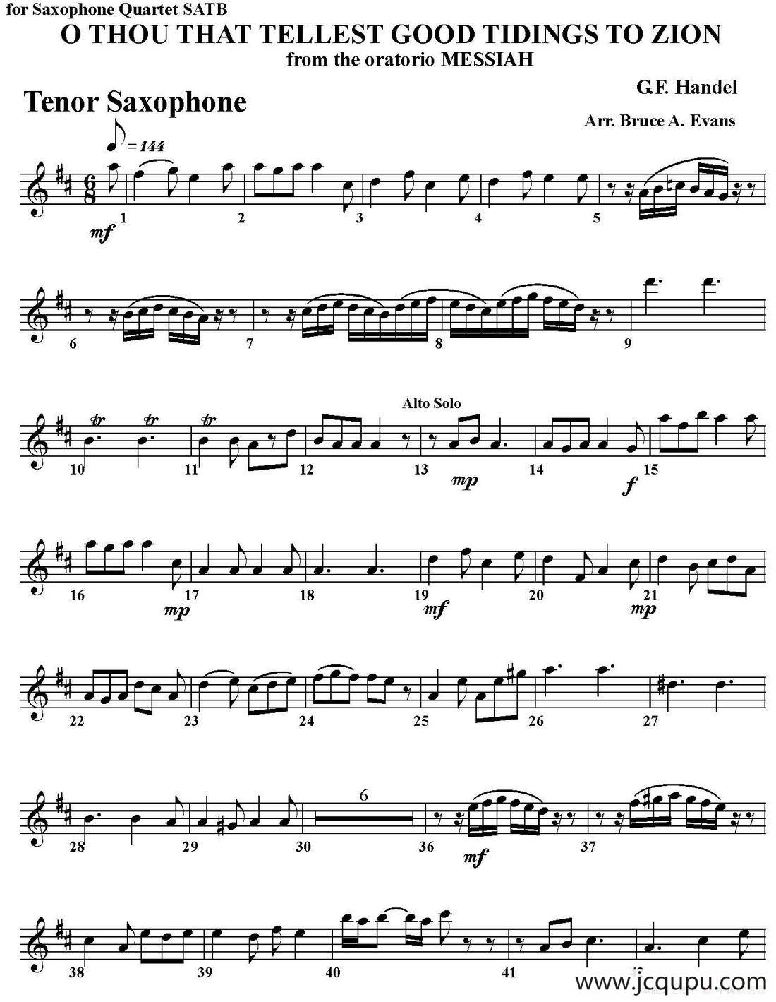 O THOU THAT TELLEST GOOD TIDINGS TO ZION（四重奏·次中音萨克斯分谱）简谱