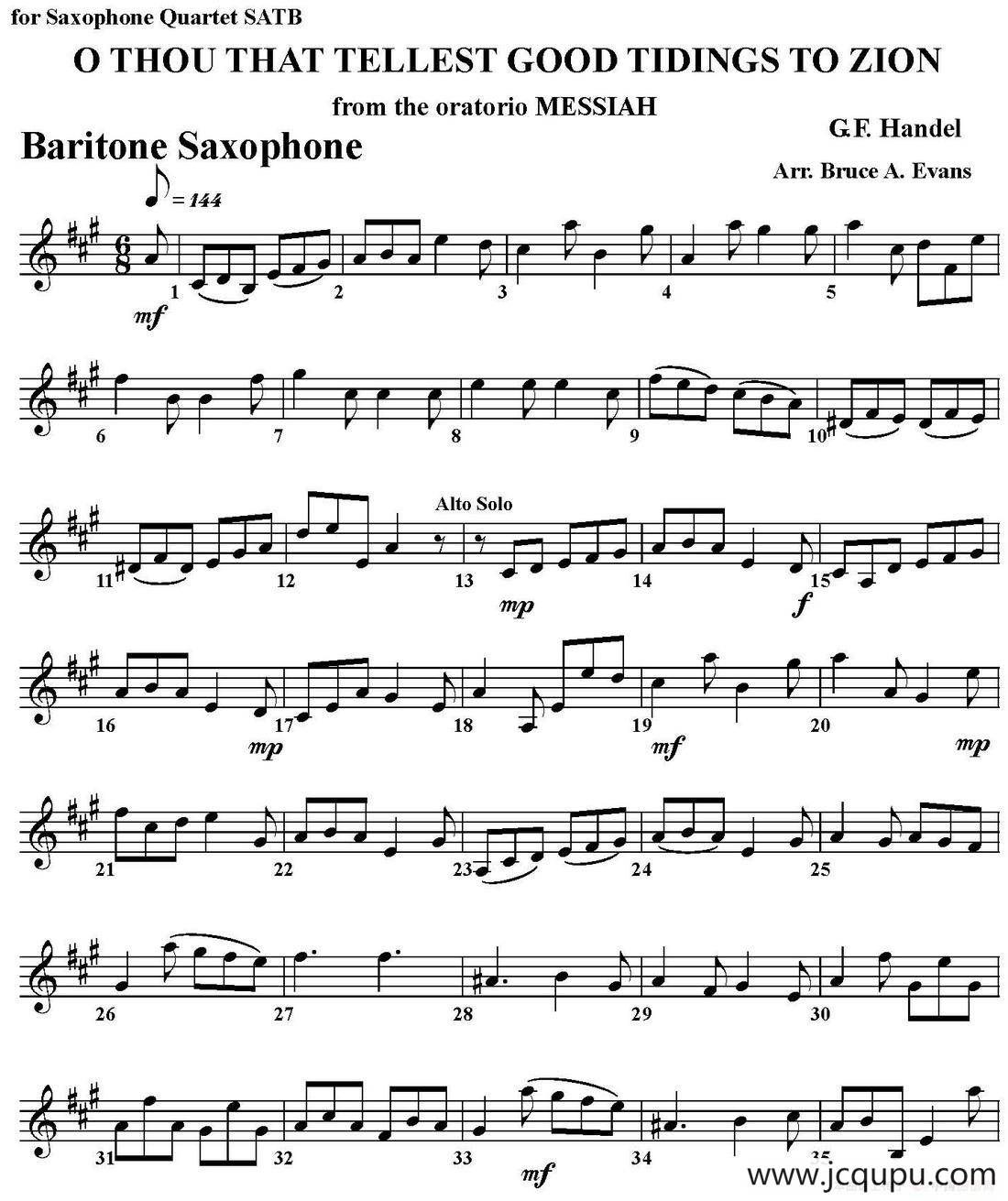 O THOU THAT TELLEST GOOD TIDINGS TO ZION（四重奏·上低音萨克斯分谱）简谱