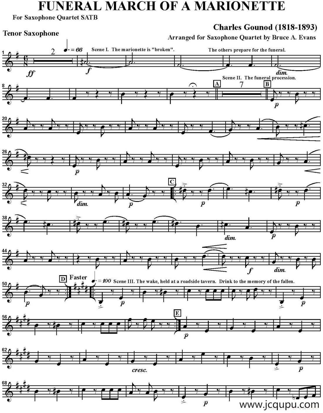 FUNERAL MARCH OF A MARIONETTE（四重奏·次中音萨克斯分谱）简谱