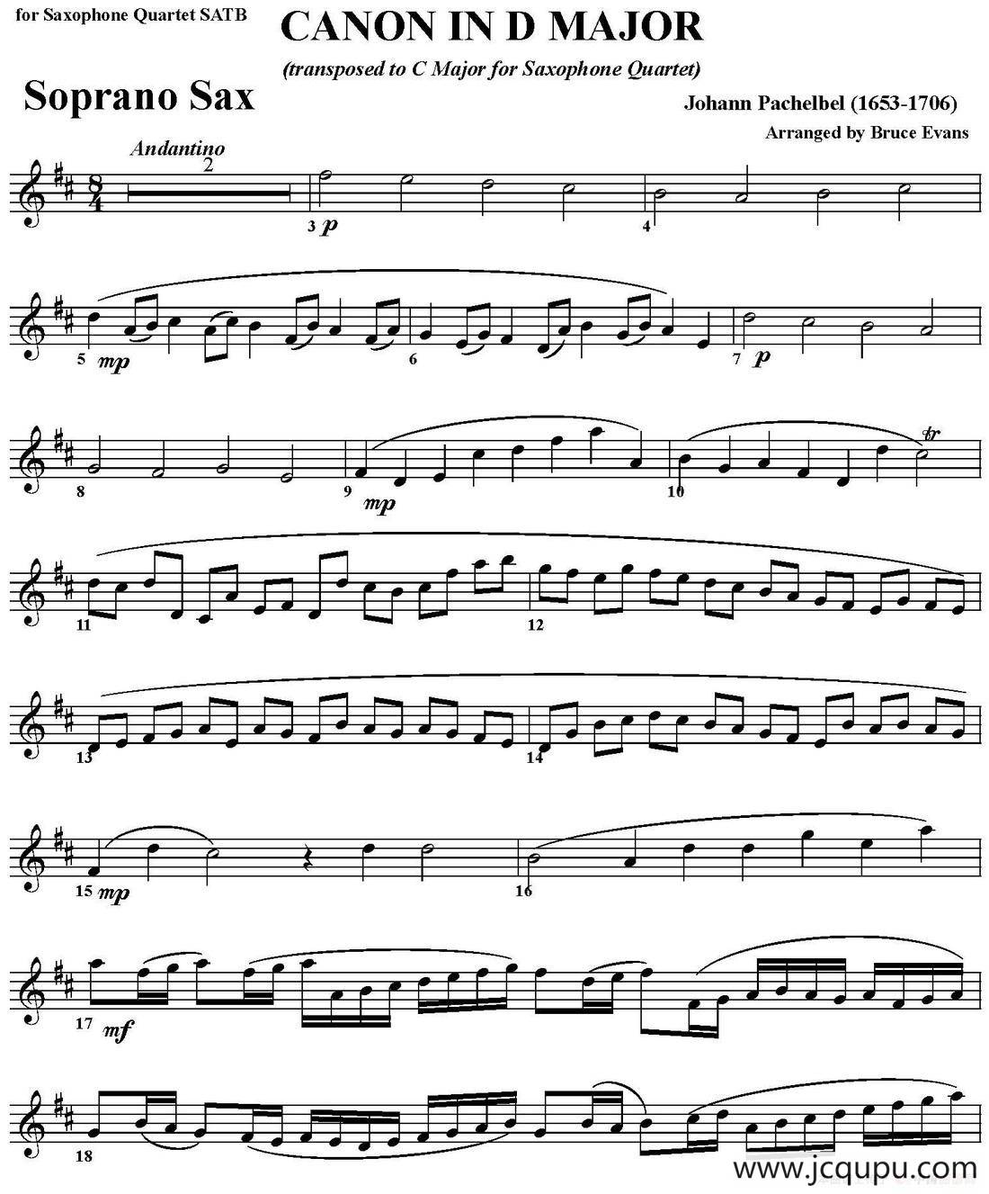 CANON IN D MAJOR（四重奏·高音萨克斯分谱）简谱