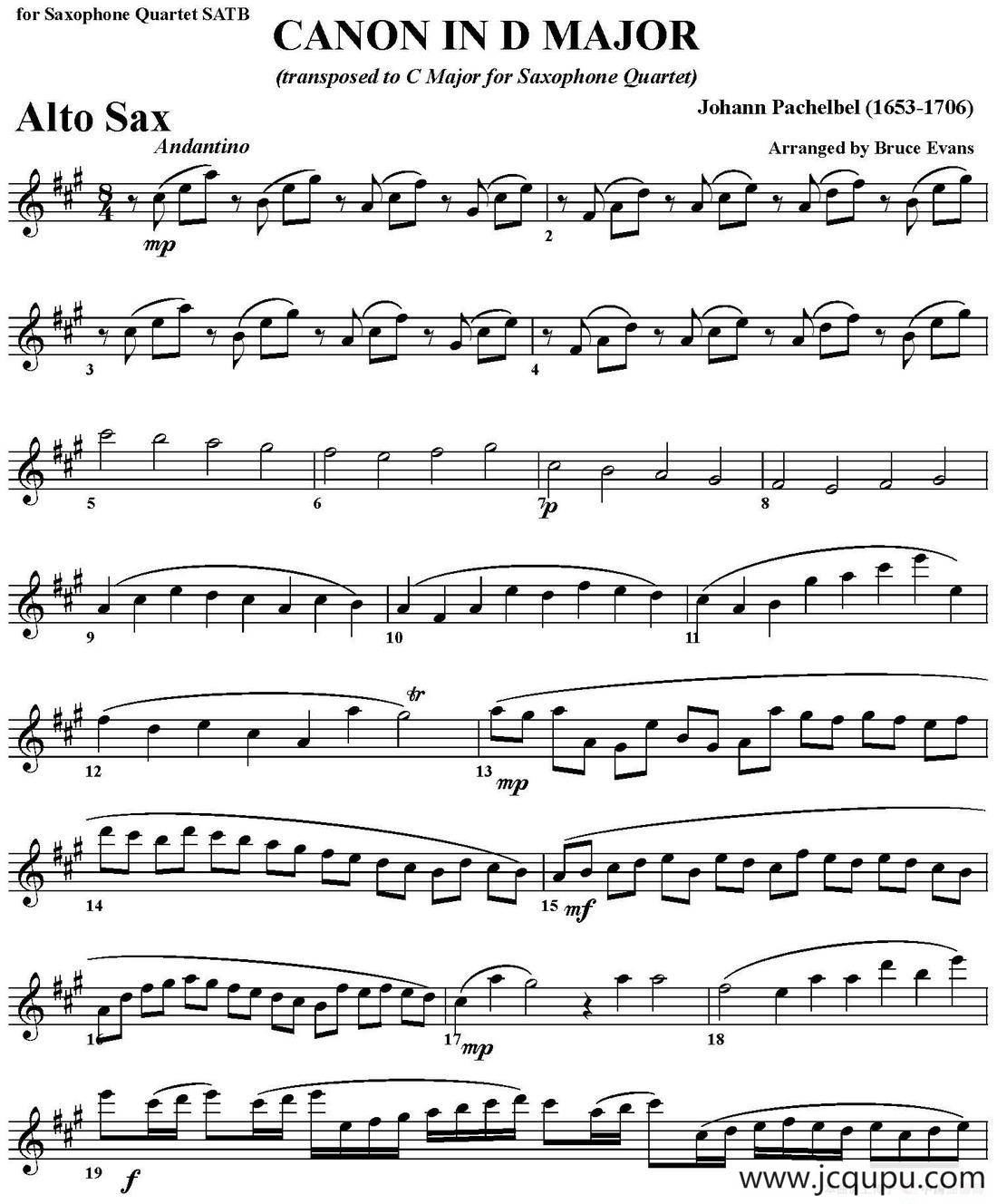 CANON IN D MAJOR（四重奏·中音萨克斯分谱）简谱