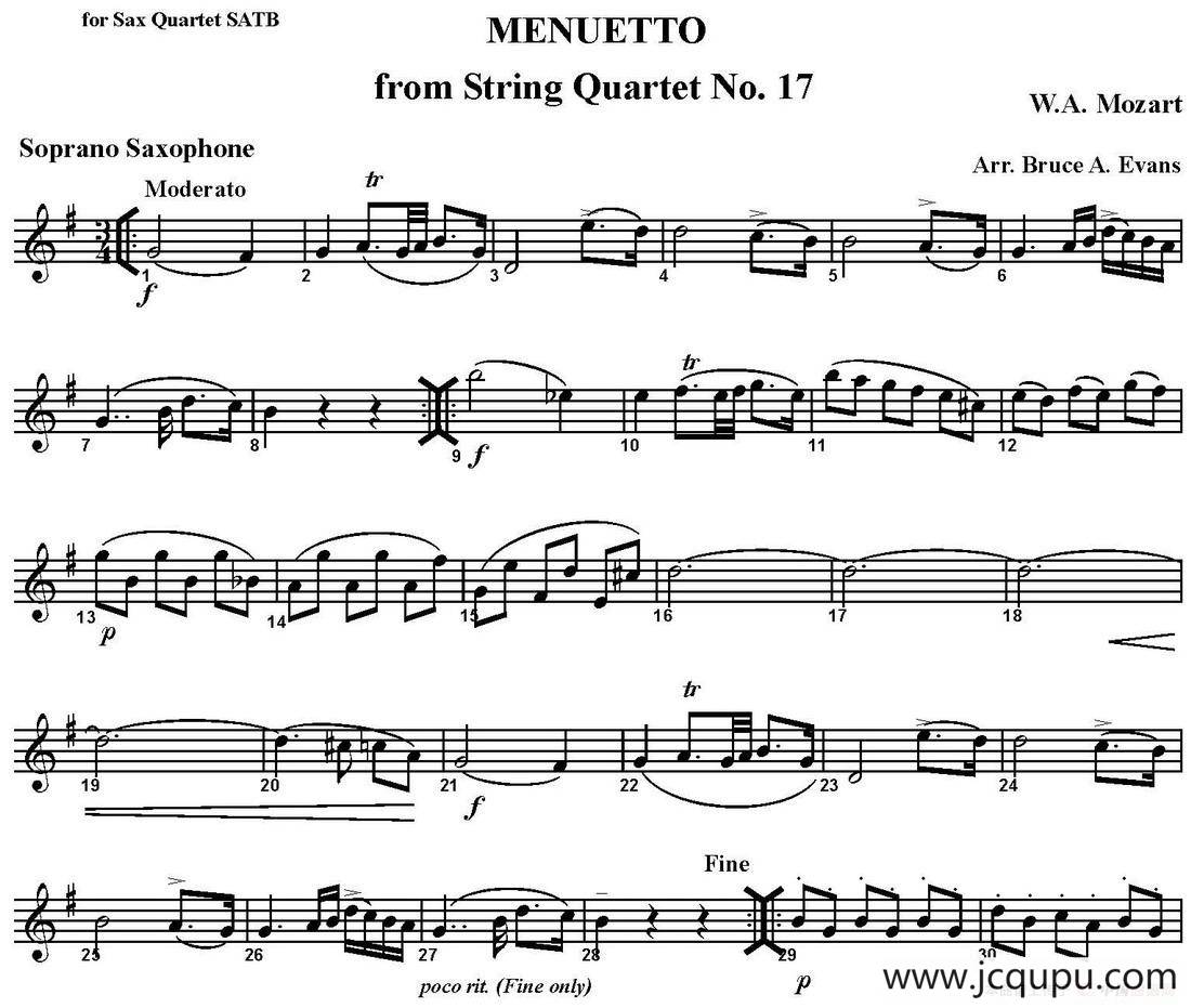 MENUETTO from String Quartet No.17（四重奏·高音萨克斯分谱）简谱
