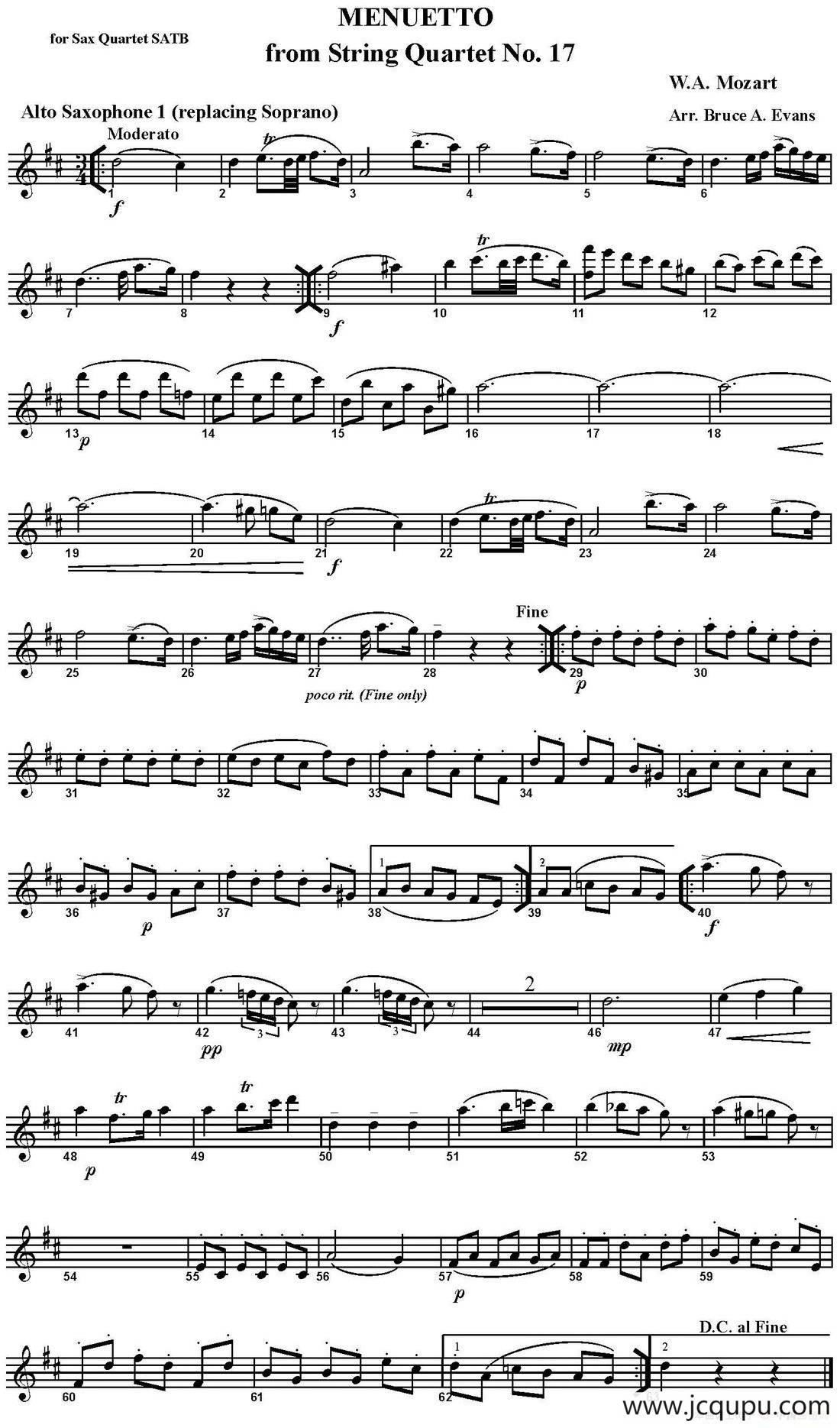 MENUETTO from String Quartet No.17（四重奏·中音萨克斯分谱）简谱