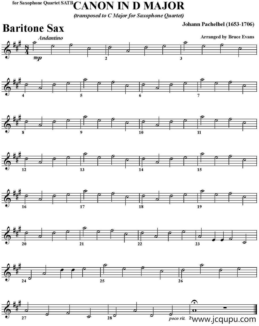 CANON IN D MAJOR（四重奏·上低音萨克斯分谱）简谱