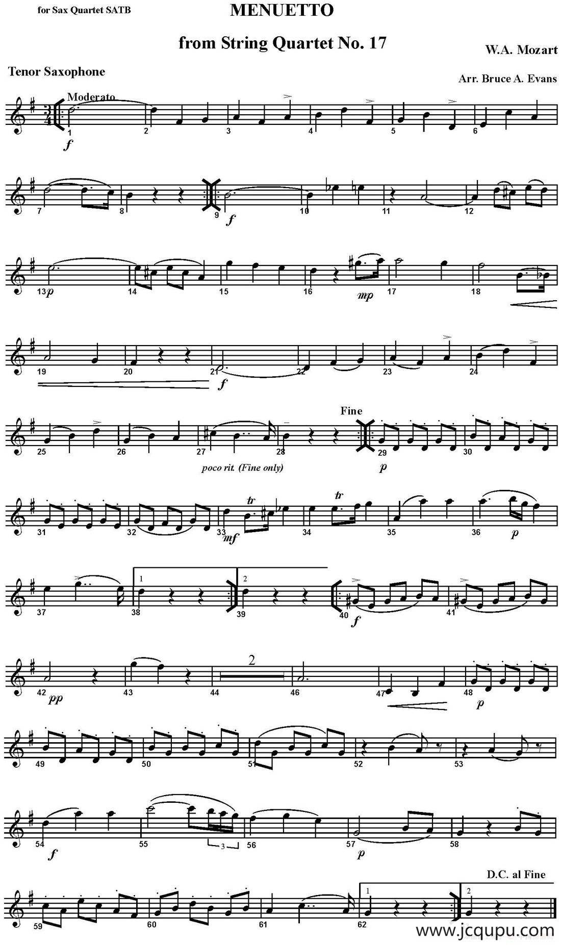 MENUETTO from String Quartet No.17（四重奏·次中音萨克斯分谱）简谱