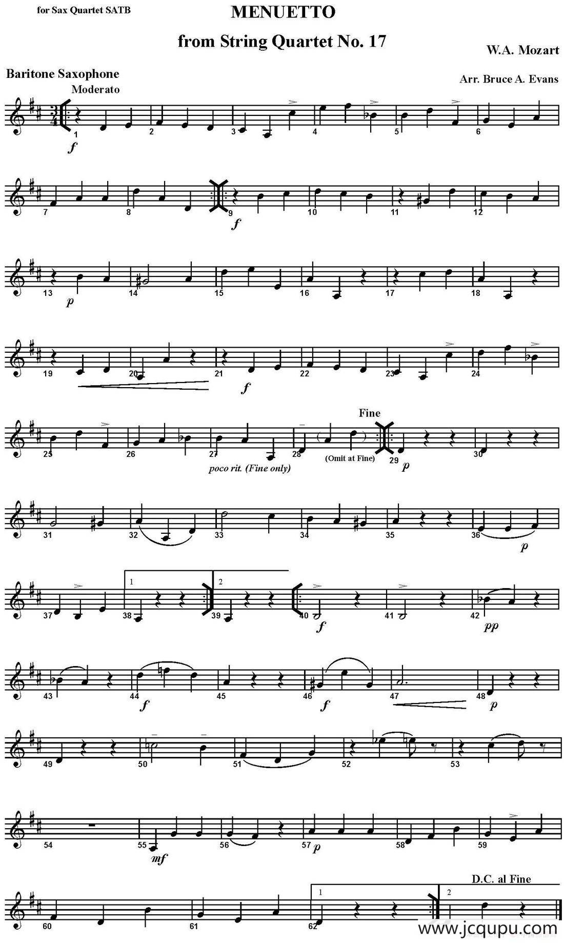 MENUETTO from String Quartet No.17（四重奏·上低音萨克斯分谱）简谱