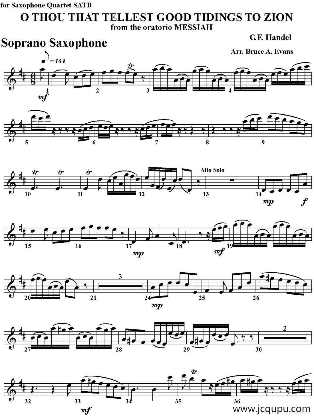 O THOU THAT TELLEST GOOD TIDINGS TO ZION（四重奏·高音萨克斯分谱）简谱