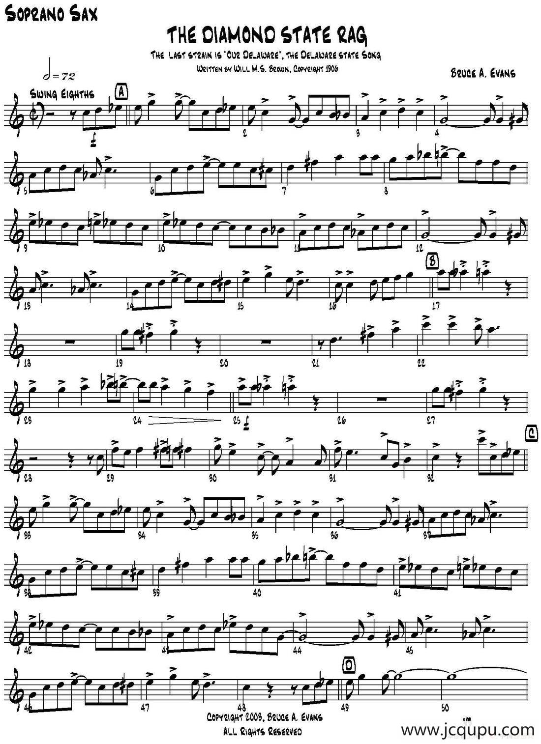 THE DIAMOND STATE RAG（四重奏·高音萨克斯分谱）简谱