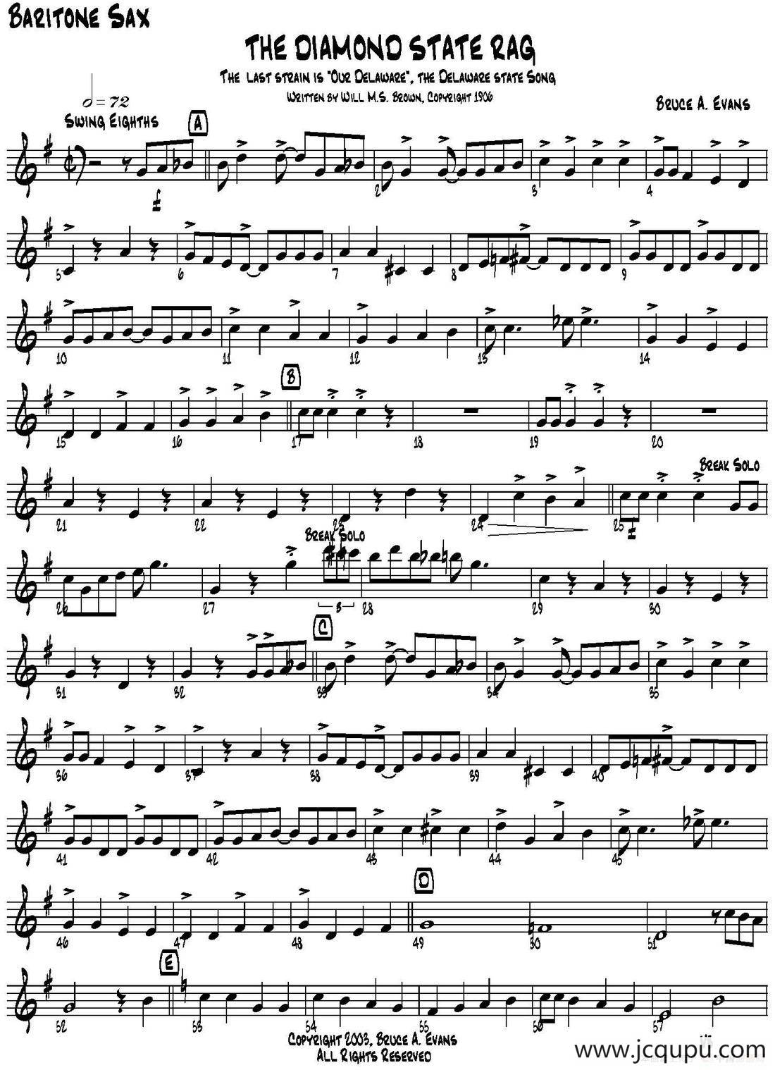 THE DIAMOND STATE RAG（四重奏·上低音萨克斯分谱）简谱