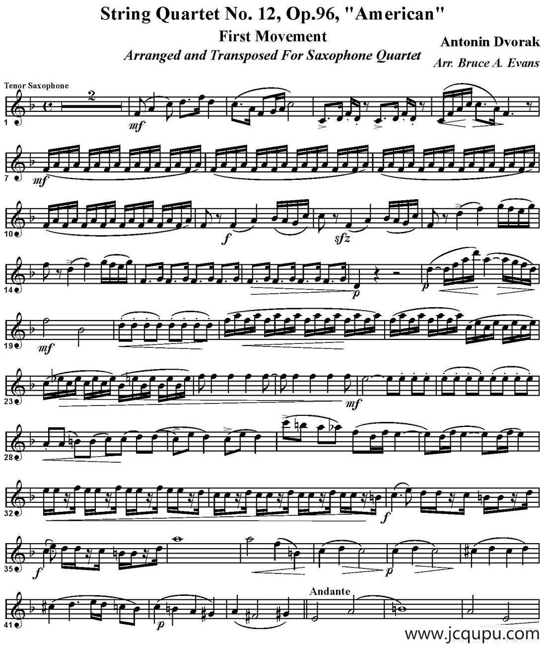 String Quartet No.12，Op.96（四重奏·次中音萨克斯分谱）简谱