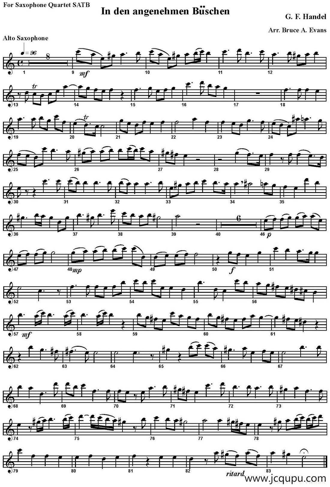 In den angenehmen Buschen（四重奏·中音萨克斯分谱）简谱