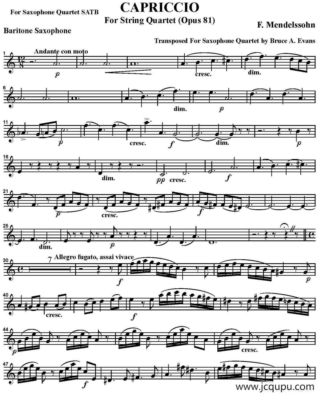 CAPRICCIO（四重奏·上低音萨克斯分谱）简谱