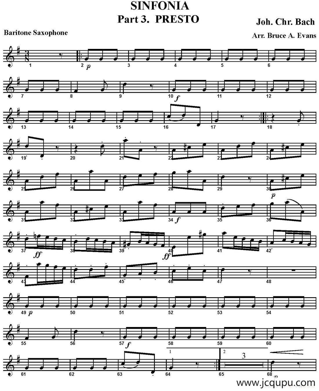 SINFONIA Part 3. PRESTO（四重奏·上低音萨克斯分谱）简谱