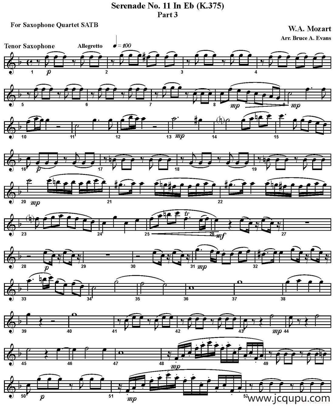 SERENADE No.11 in Eb，K.375 Part 3（四重奏·次中音萨克斯分谱）简谱