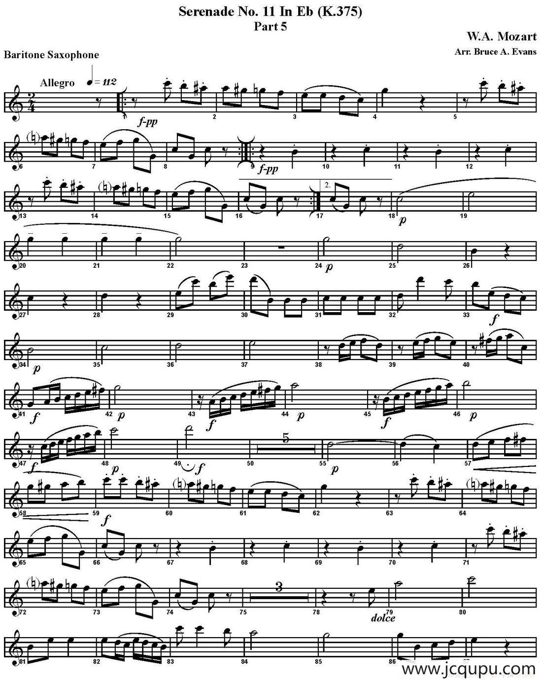 SERENADE No.11 in Eb，K.375 Part 5（四重奏·上低音萨克斯分谱）简谱