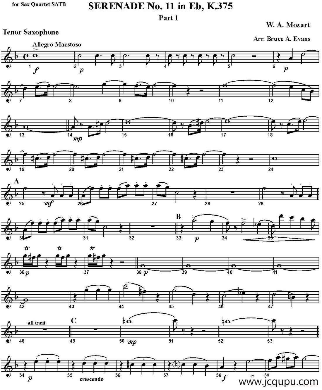 SERENADE No.11 in Eb，K.375 Part 1（四重奏·次中音萨克斯分谱）简谱