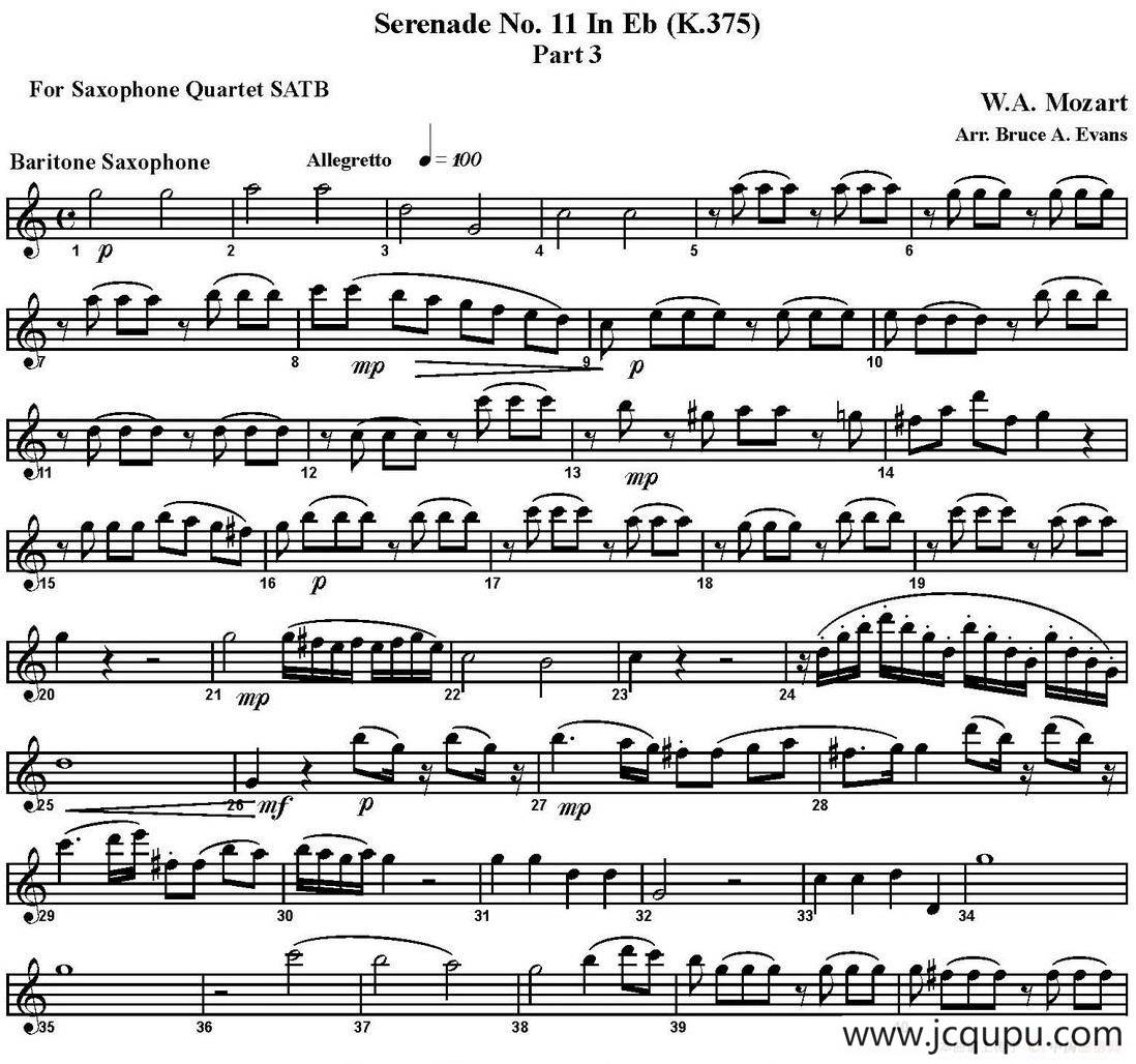SERENADE No.11 in Eb，K.375 Part 3（四重奏·上低音萨克斯分谱）简谱