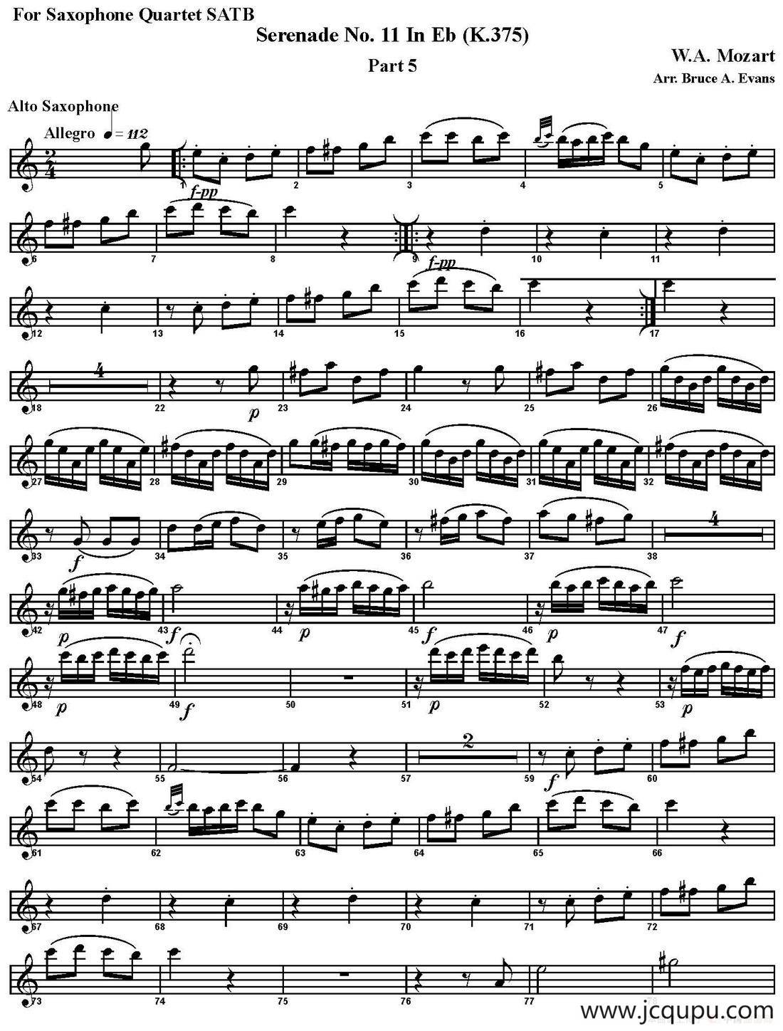SERENADE No.11 in Eb，K.375 Part 5（四重奏·中音萨克斯分谱）简谱
