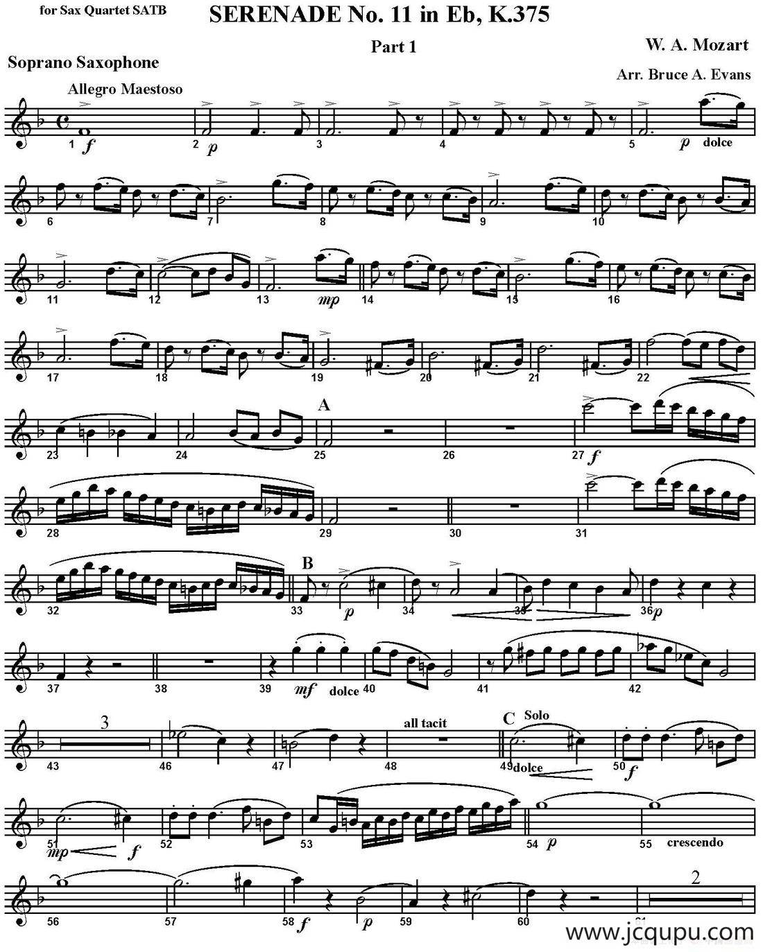 SERENADE No.11 in Eb，K.375 Part 1（四重奏·高音萨克斯分谱）简谱