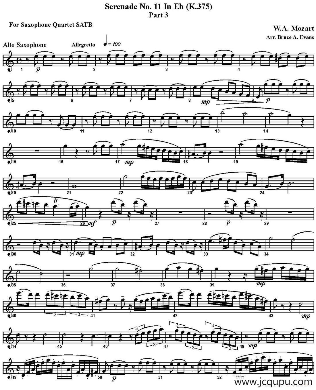 SERENADE No.11 in Eb，K.375 Part 3（四重奏·中音萨克斯分谱）简谱