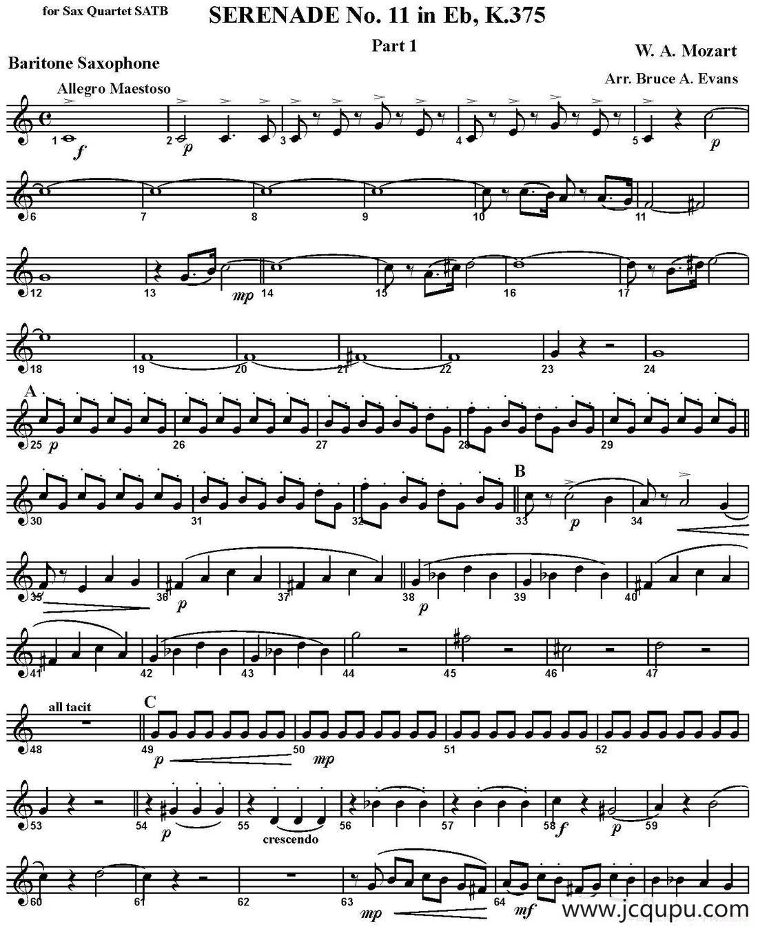 SERENADE No.11 in Eb，K.375 Part 1（四重奏·上低音萨克斯分谱）简谱