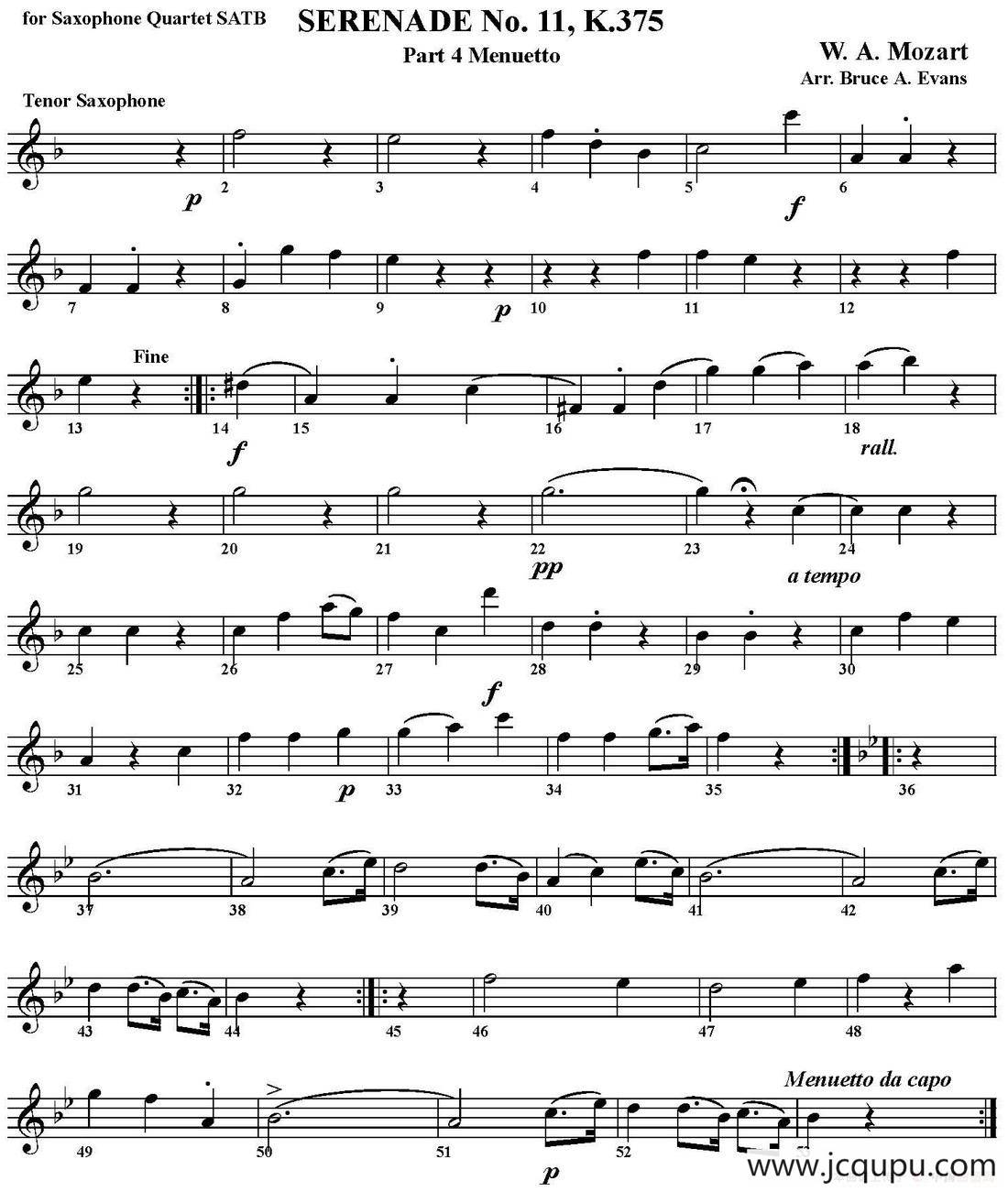 SERENADE No.11，K.375 Part 4 Menuetto（四重奏·次中音萨克斯分谱）简谱