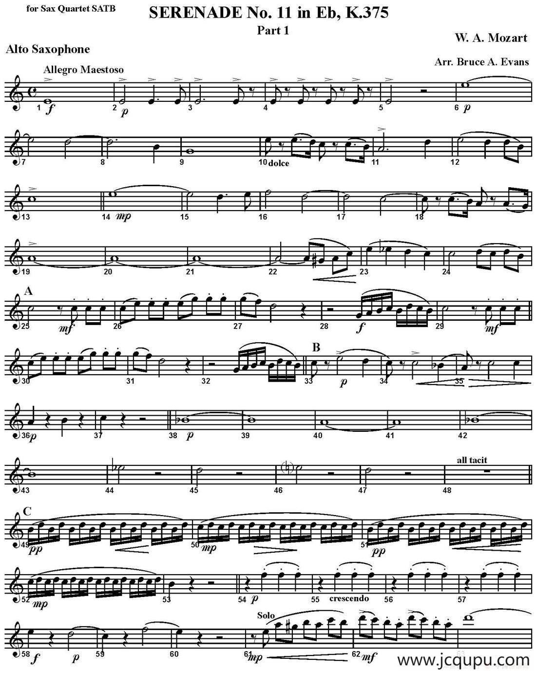 SERENADE No.11 in Eb，K.375 Part 1（四重奏·中音萨克斯分谱）简谱