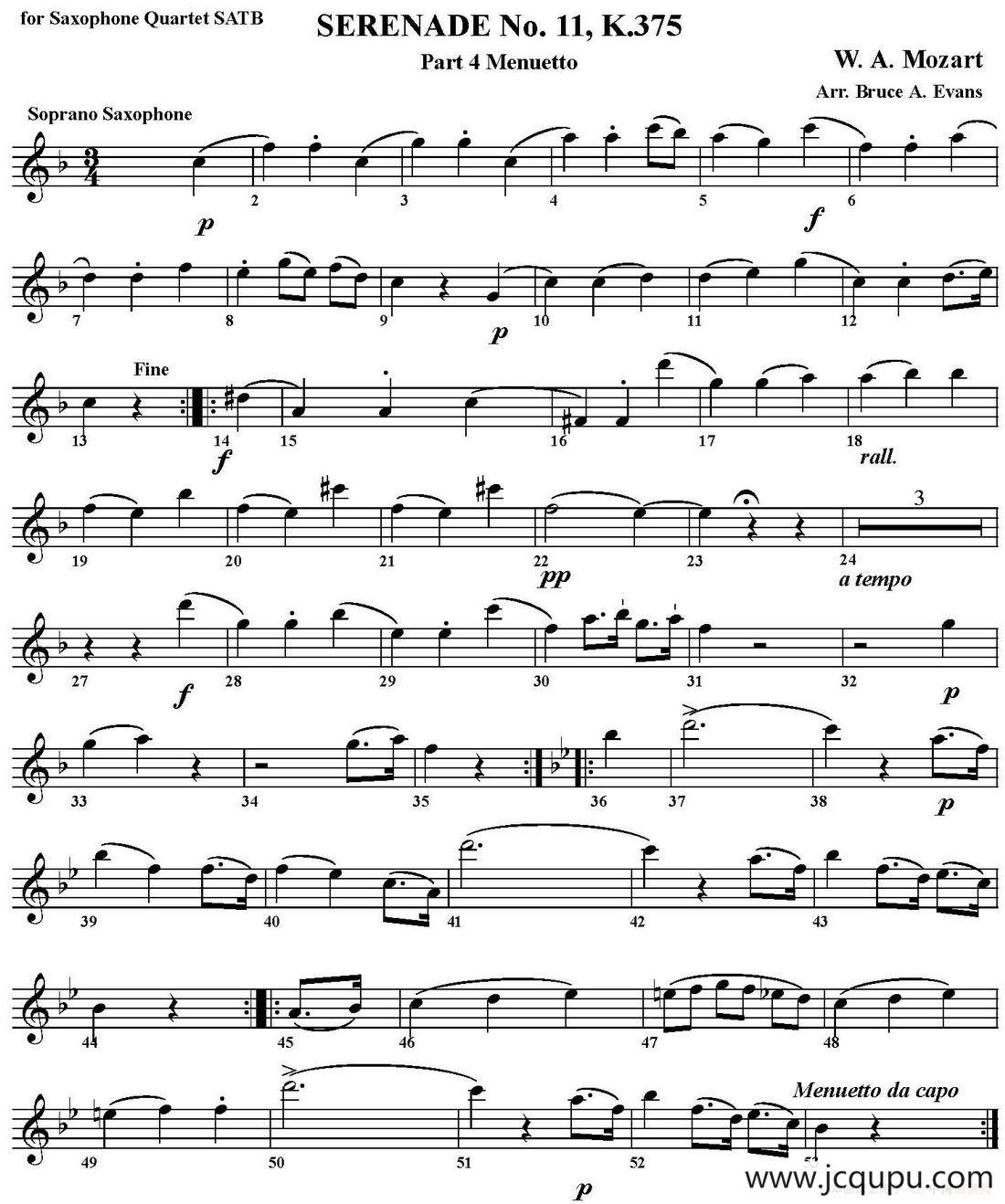 SERENADE No.11，K.375 Part 4 Menuetto（四重奏·高音萨克斯分谱）简谱
