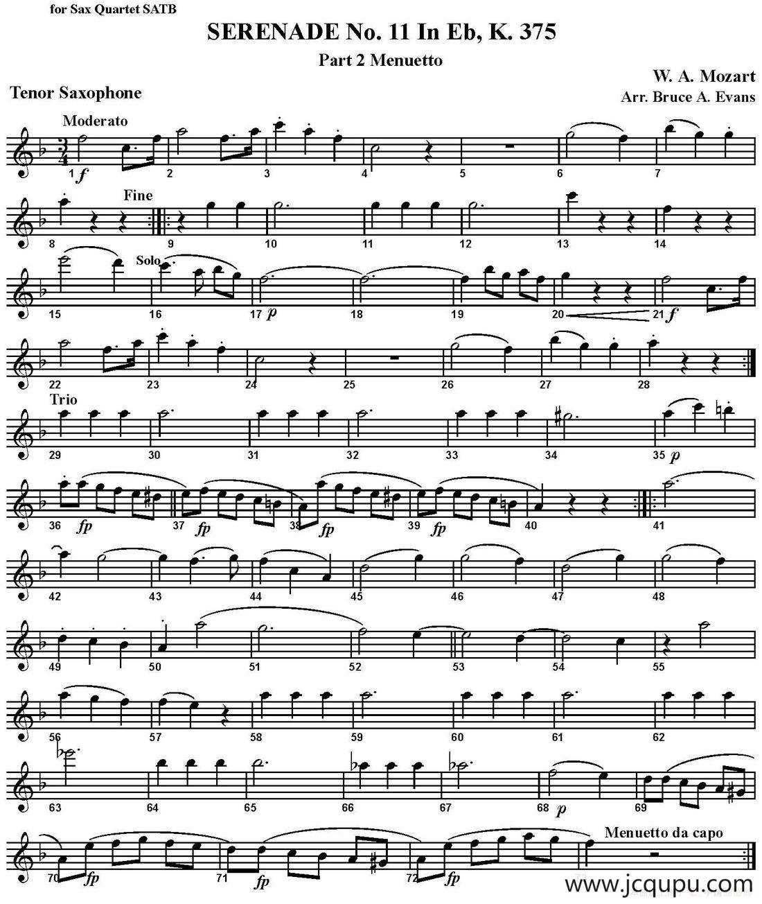 SERENADE No.11 in Eb，K.375 Part 2 Menuetto（四重奏·次中音萨克斯分谱）简谱