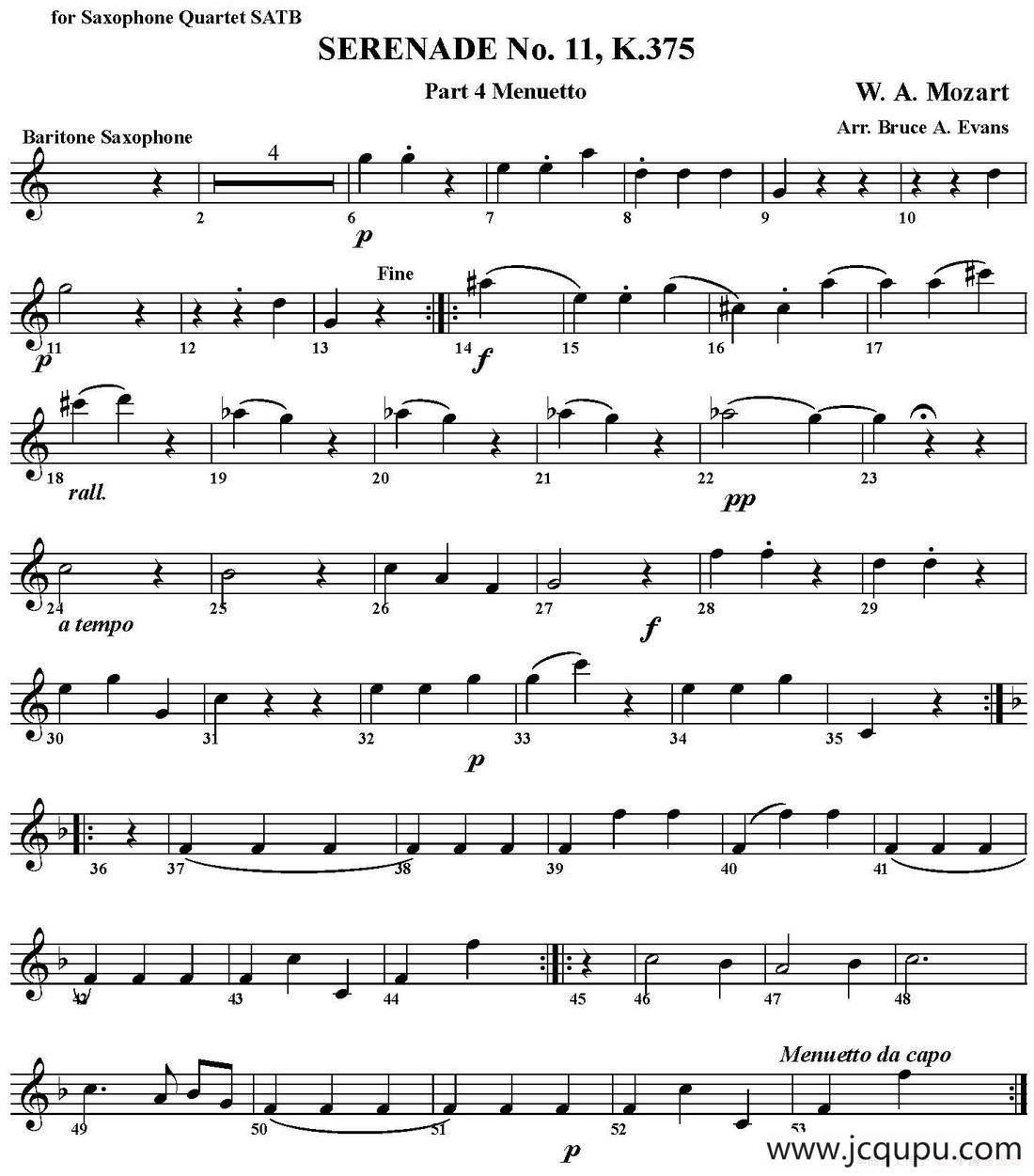 SERENADE No.11，K.375 Part 4 Menuetto（四重奏·上低音萨克斯分谱）简谱
