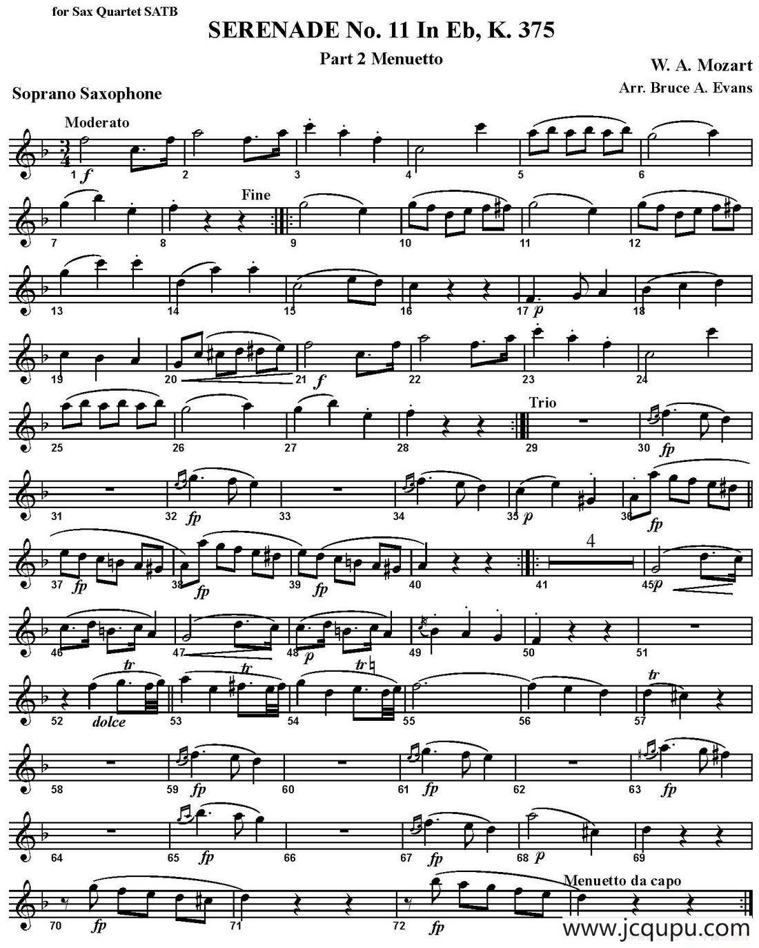 SERENADE No.11 in Eb，K.375 Part 2 Menuetto（四重奏·高音萨克斯分谱）简谱
