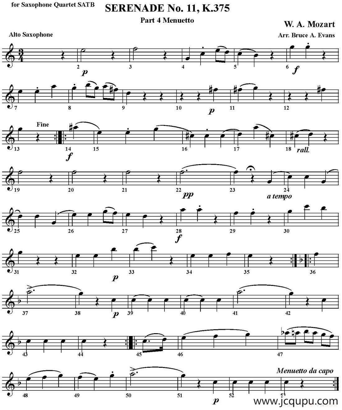 SERENADE No.11，K.375 Part 4 Menuetto（四重奏·中音萨克斯分谱）简谱