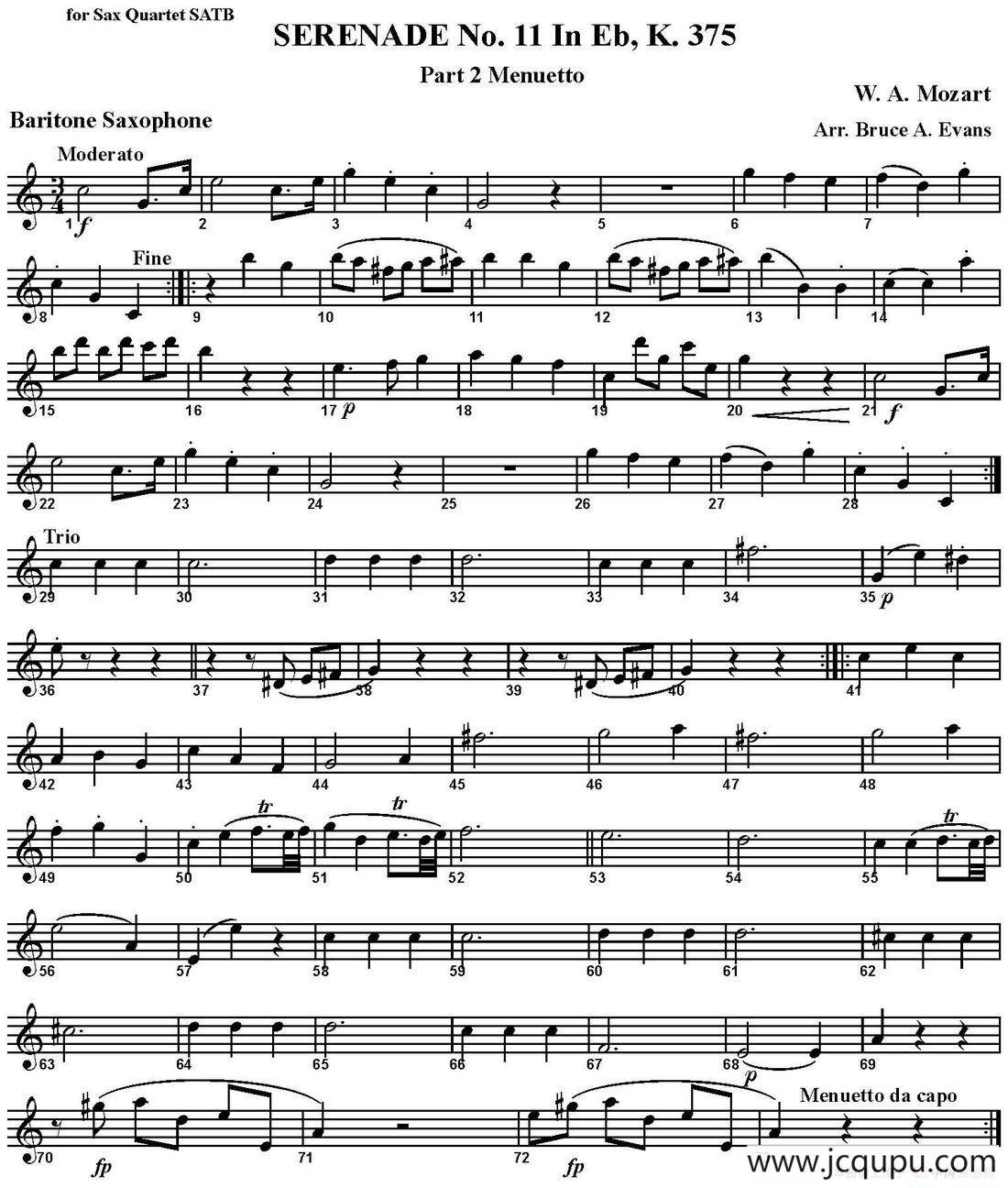 SERENADE No.11 in Eb，K.375 Part 2 Menuetto（四重奏·上低音萨克斯分谱）简谱
