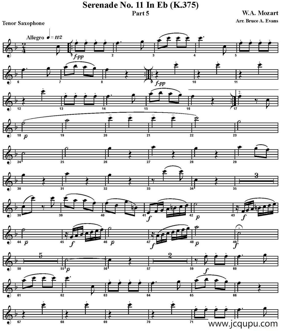 SERENADE No.11 in Eb，K.375 Part 5（四重奏·次中音萨克斯分谱）简谱