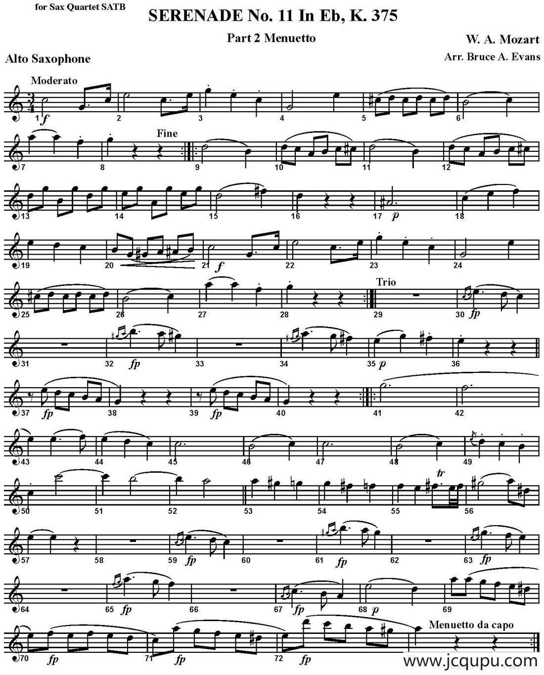 SERENADE No.11 in Eb，K.375 Part 2 Menuetto（四重奏·中音萨克斯分谱）简谱