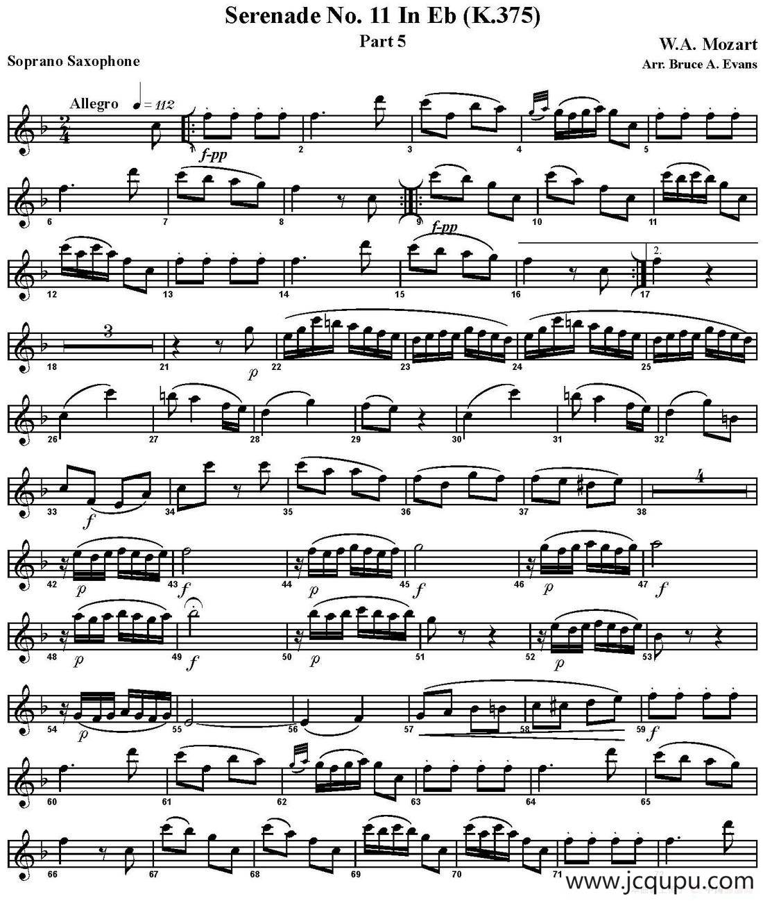 SERENADE No.11 in Eb，K.375 Part 5（四重奏·高音萨克斯分谱）简谱