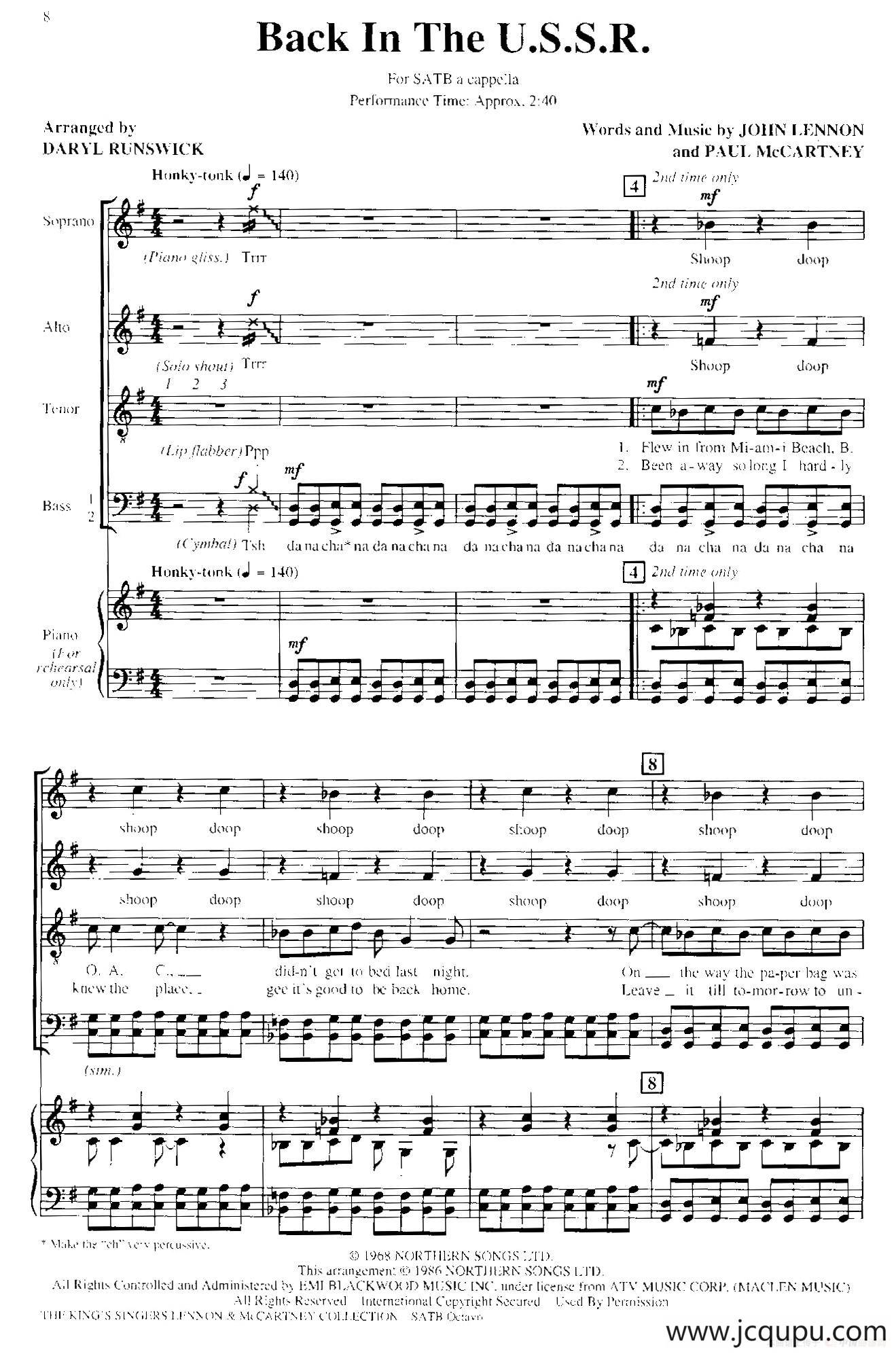 Back in the U.S.S.R. （四重奏+钢琴伴奏）简谱