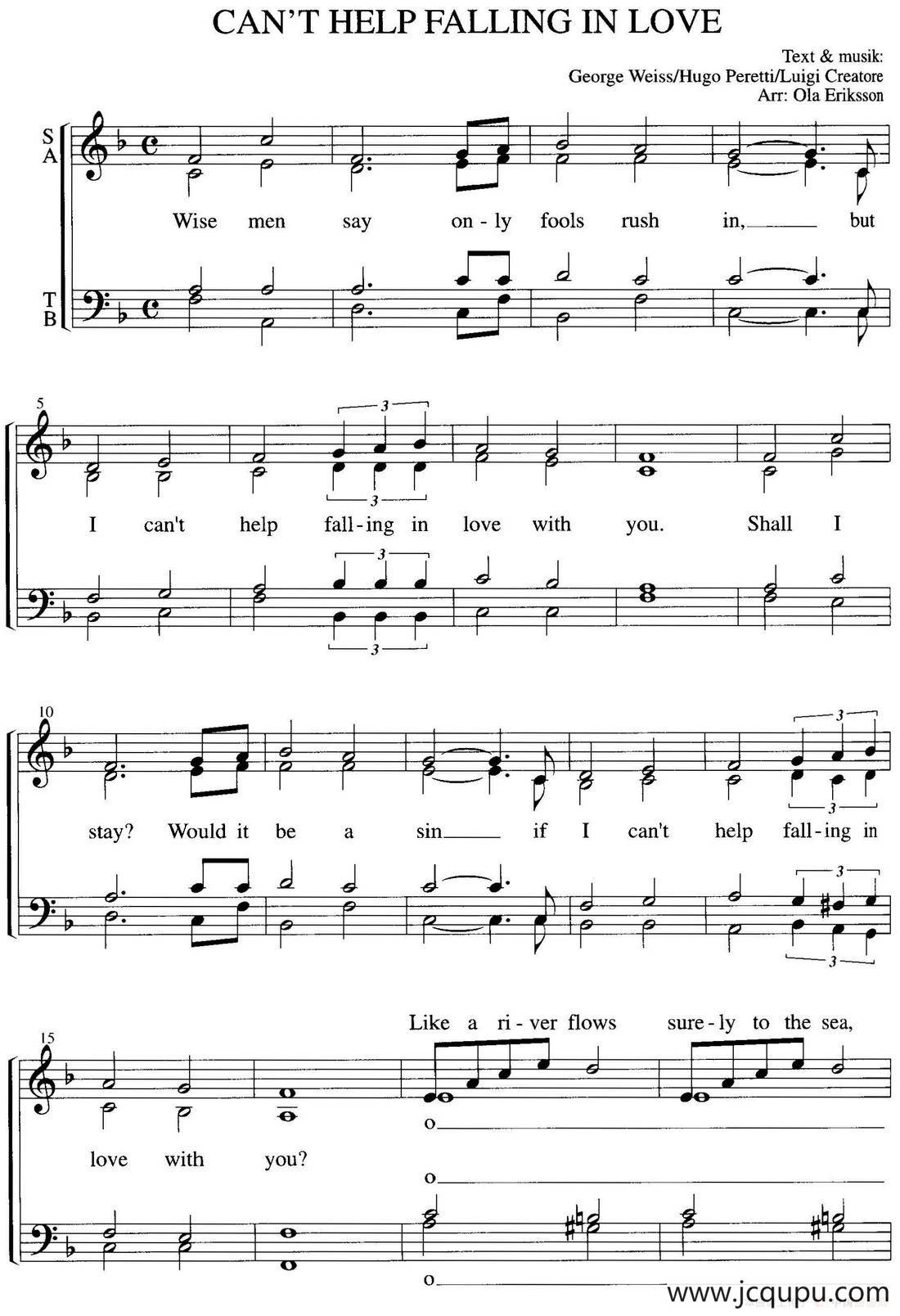 Can't help falling in love（四重奏）简谱