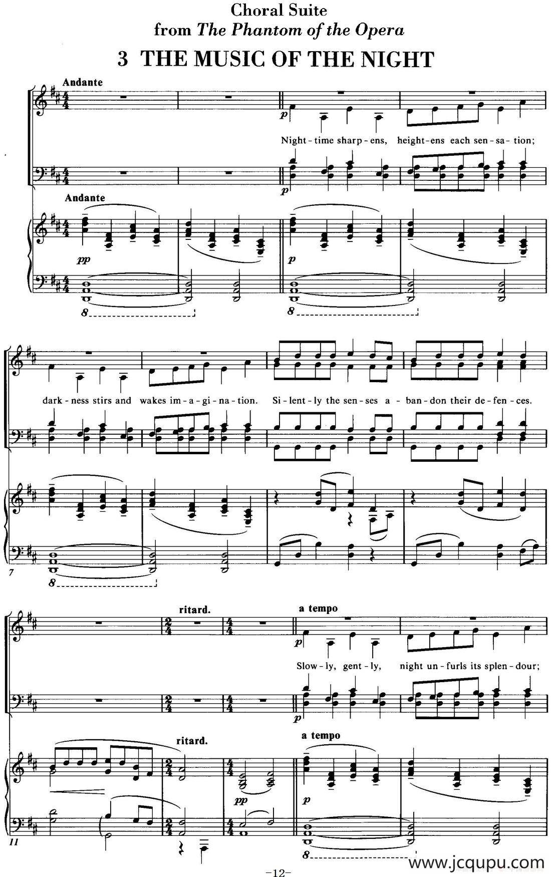 Choral Suite from The Phantom of the Opera（3 THE MUSIC OF THE NIGHT、四重奏）简谱