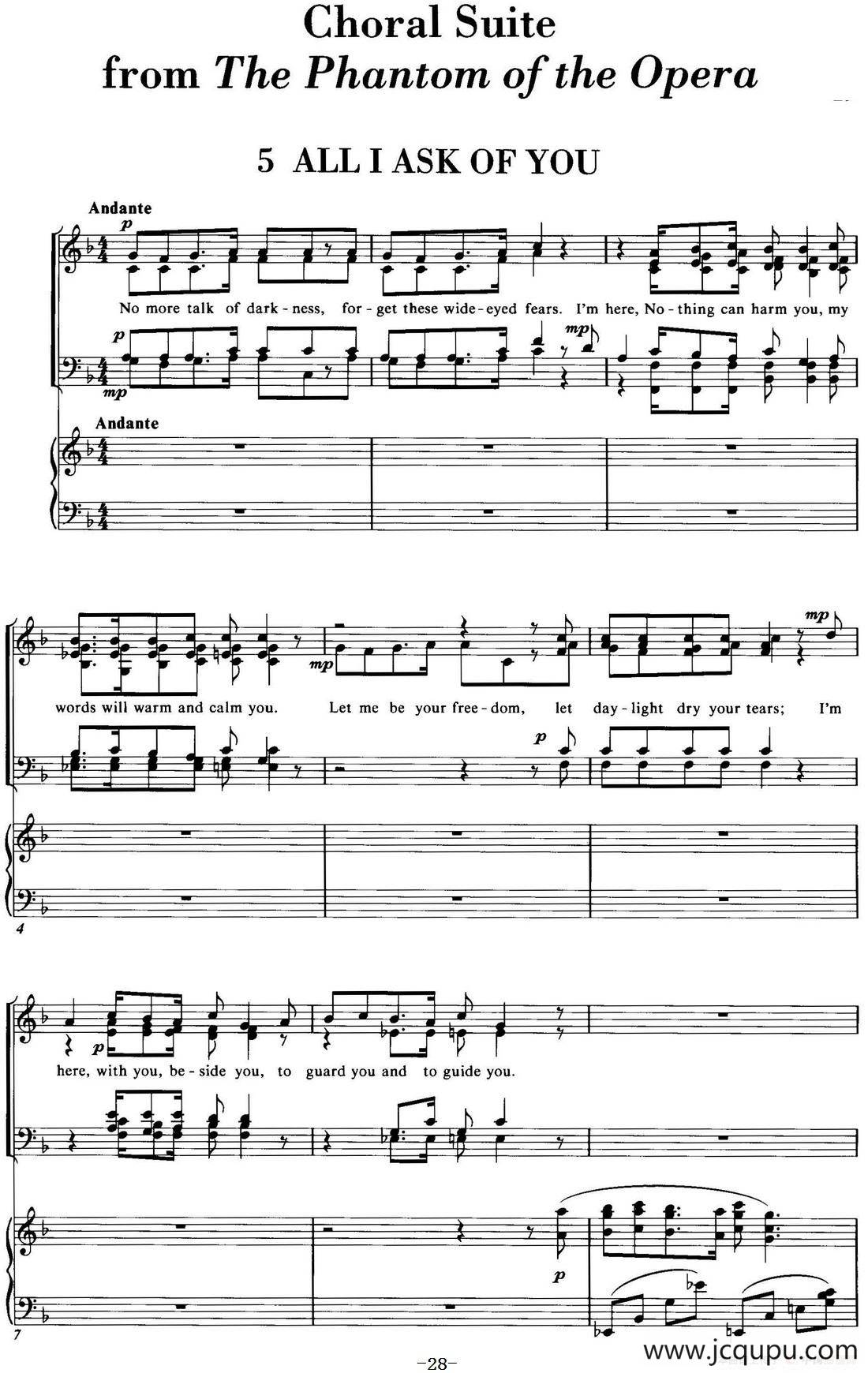 Choral Suite from The Phantom of the Opera（5 ALL I ASK OF YOU、四重奏）简谱