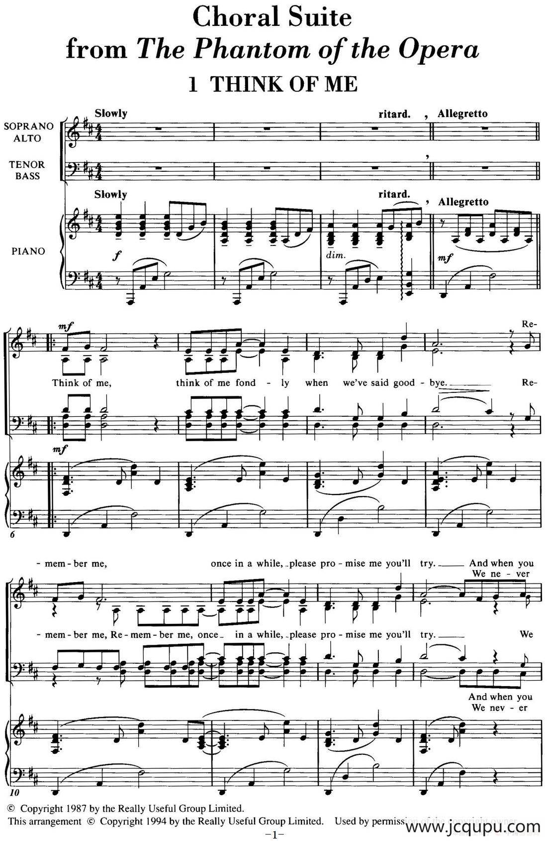 Choral Suite from The Phantom of the Opera（1 THINK OF ME、四重奏）简谱