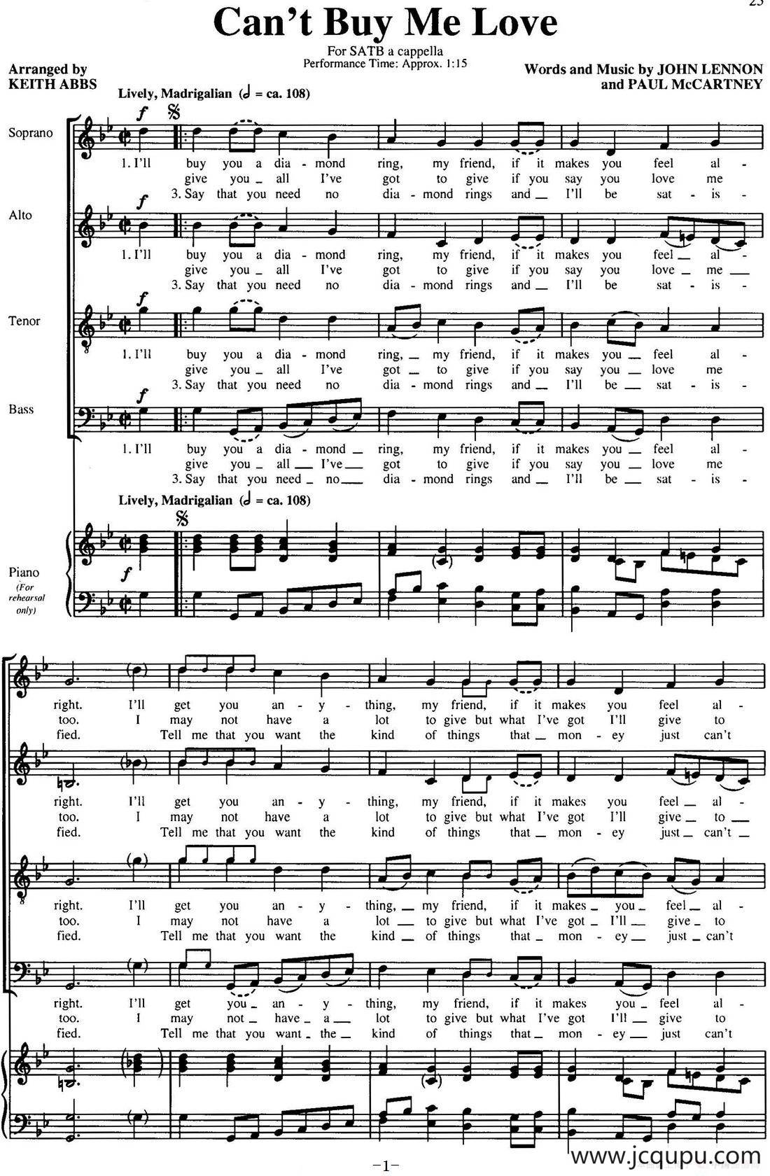 Can't buy me love（四重奏）简谱