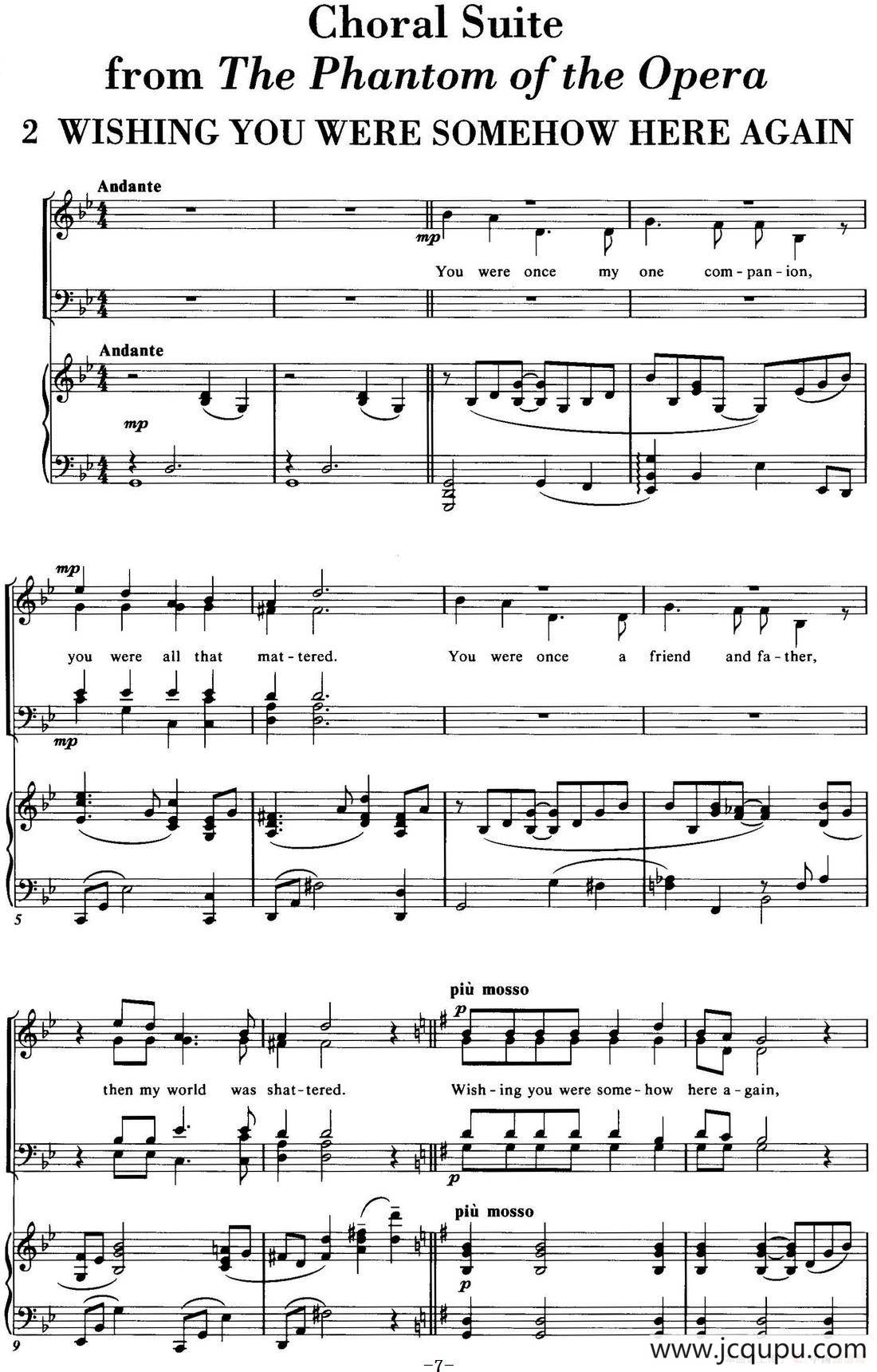 Choral Suite from The Phantom of the Opera（2 WISHING YOU WERE SOMEHOW HERE AGAIN、四重奏）简谱