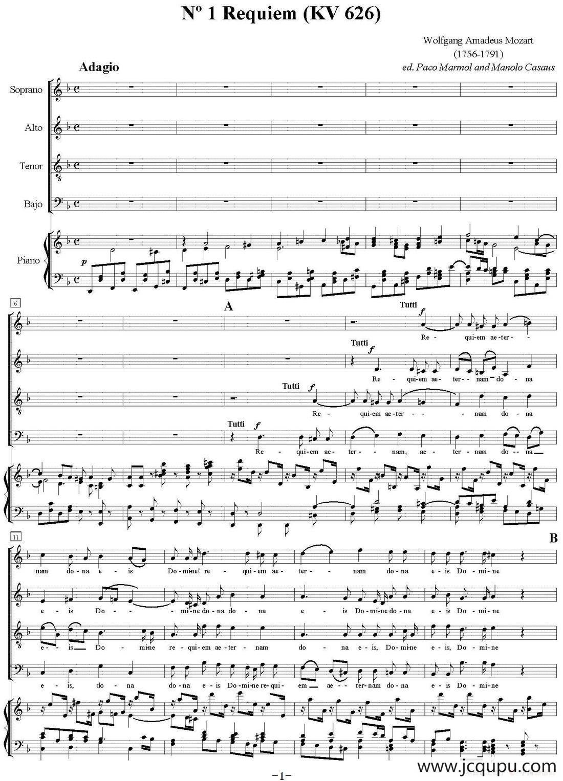 N°1 Requiem（KV 626）（萨克斯四重奏+钢琴伴奏）简谱