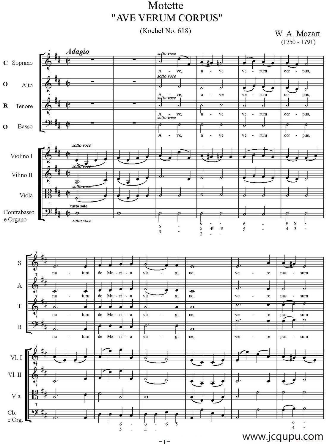 MotetteAVE VERUM CORPUS（Kochel No.618、萨克斯四重奏）简谱