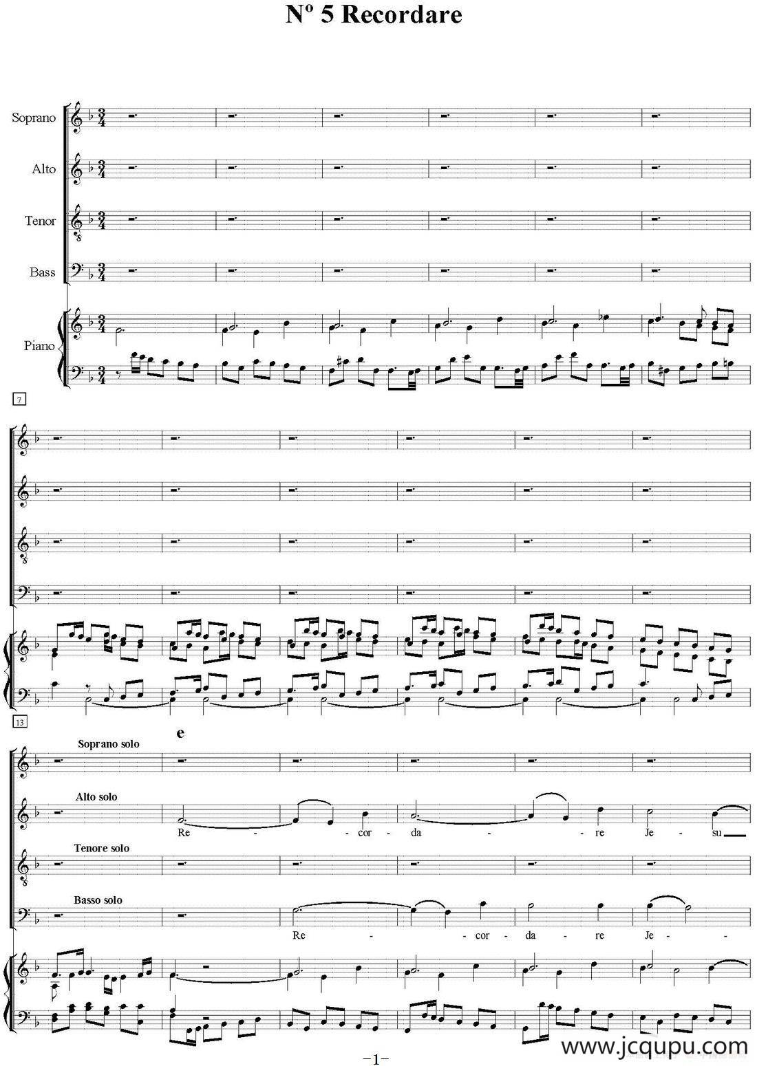 N°5 Recordare（萨克斯四重奏+钢琴伴奏）简谱