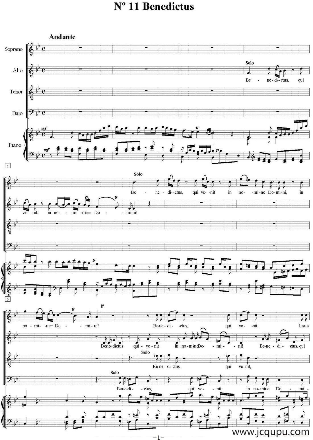 N°11 Benedictus（萨克斯四重奏+钢琴伴奏）简谱